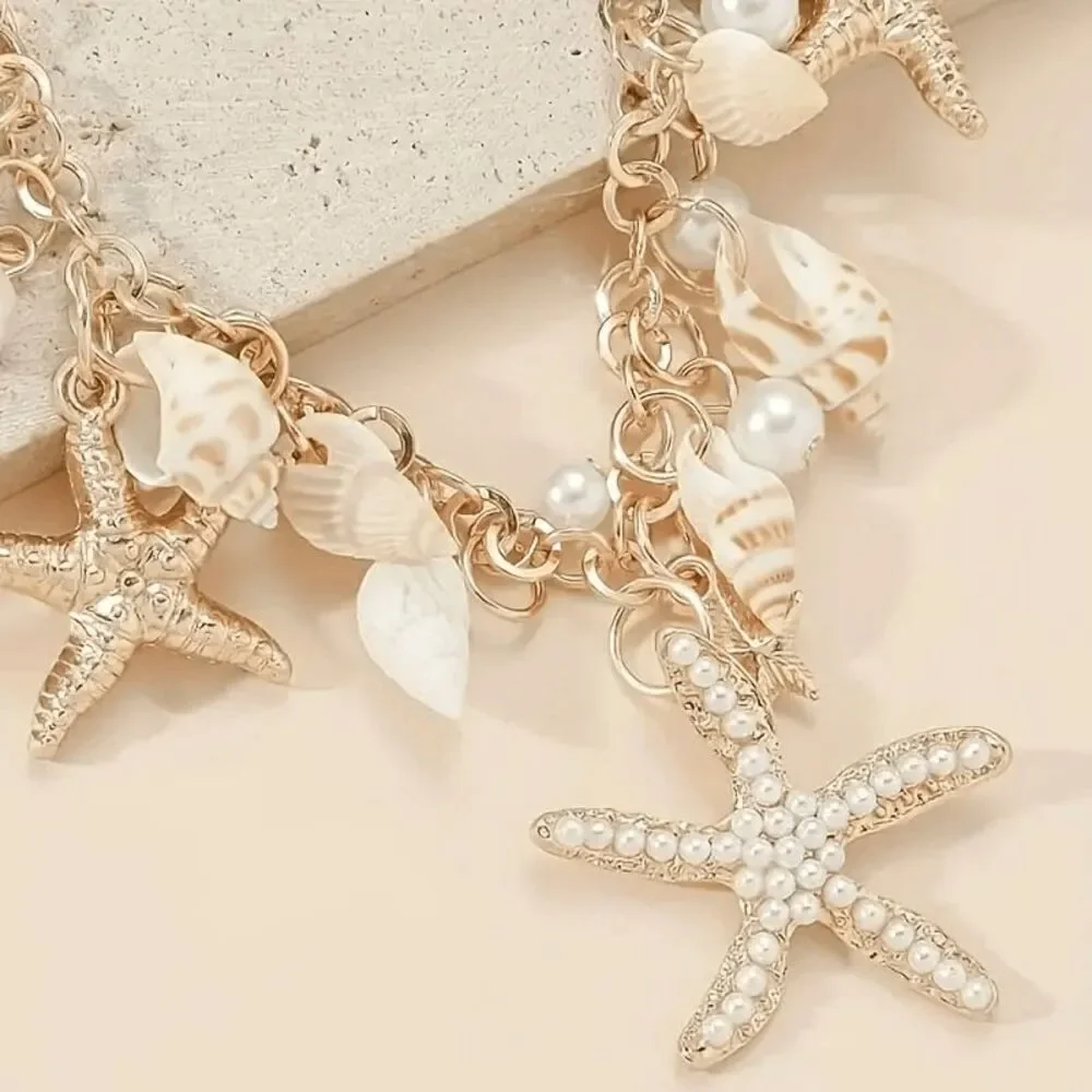 Chunky Golden Beach Starfish Concho Shell Pearl Bracelet or Anklet